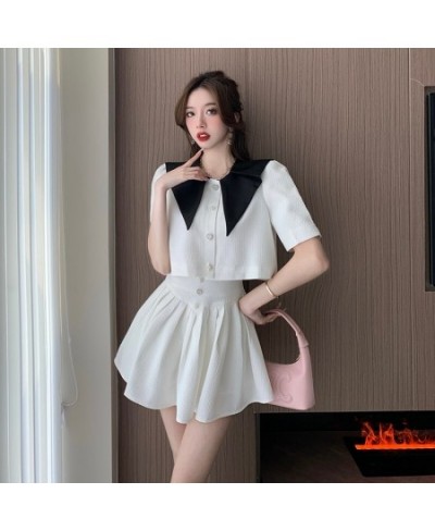 Summer Small Fragrance Vintage Two Piece Set Women Crop Top Lapel Short Sleeve Jacket Coat + Mini Skirts Sets Sweet 2 Piece $...