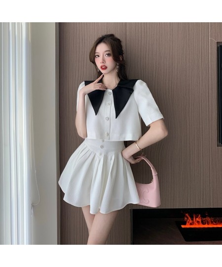 Summer Small Fragrance Vintage Two Piece Set Women Crop Top Lapel Short Sleeve Jacket Coat + Mini Skirts Sets Sweet 2 Piece $...