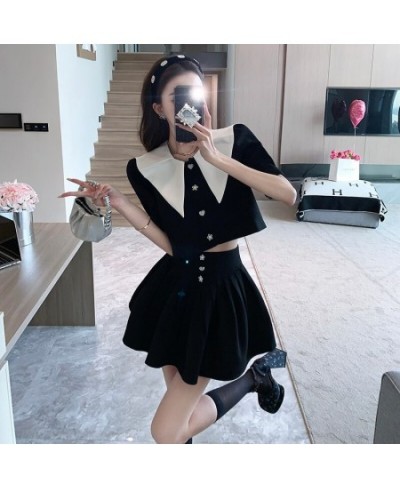 Summer Small Fragrance Vintage Two Piece Set Women Crop Top Lapel Short Sleeve Jacket Coat + Mini Skirts Sets Sweet 2 Piece $...