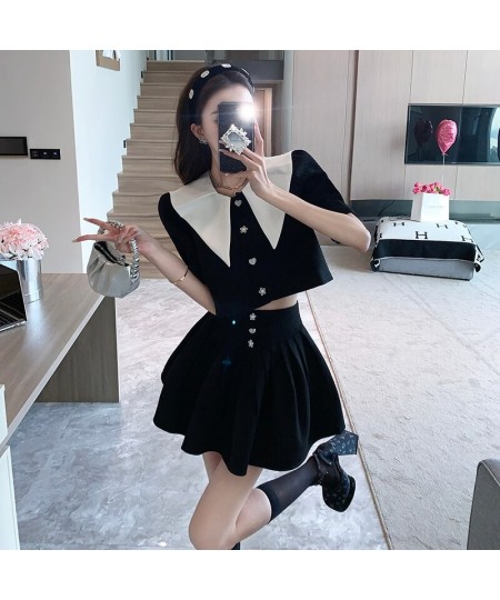 Summer Small Fragrance Vintage Two Piece Set Women Crop Top Lapel Short Sleeve Jacket Coat + Mini Skirts Sets Sweet 2 Piece $...