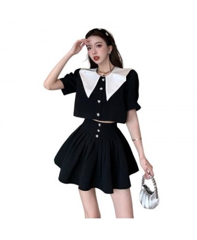 Summer Small Fragrance Vintage Two Piece Set Women Crop Top Lapel Short Sleeve Jacket Coat + Mini Skirts Sets Sweet 2 Piece $...