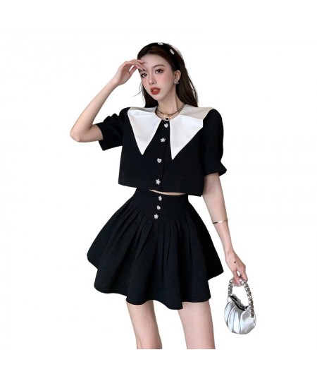 Summer Small Fragrance Vintage Two Piece Set Women Crop Top Lapel Short Sleeve Jacket Coat + Mini Skirts Sets Sweet 2 Piece $...