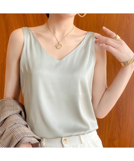 Strap Top Women Halter V Neck Basic White Cami Sleeveless Satin Silk Tank Tops Women'S Summer Camisole $21.08 - Tops & Tees