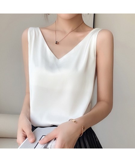 Strap Top Women Halter V Neck Basic White Cami Sleeveless Satin Silk Tank Tops Women'S Summer Camisole $21.08 - Tops & Tees