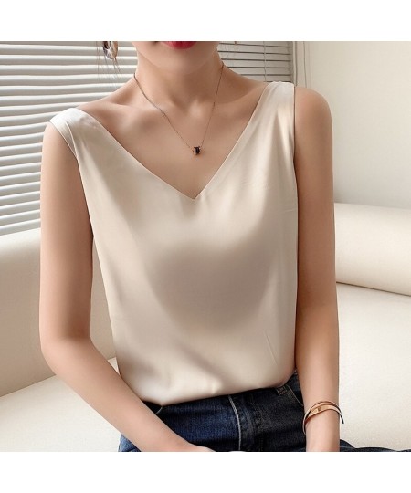 Strap Top Women Halter V Neck Basic White Cami Sleeveless Satin Silk Tank Tops Women'S Summer Camisole $21.08 - Tops & Tees