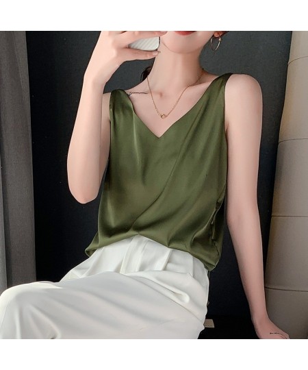 Strap Top Women Halter V Neck Basic White Cami Sleeveless Satin Silk Tank Tops Women'S Summer Camisole $21.08 - Tops & Tees