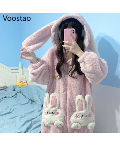 Autumn Winter Women Cute Onesies Pajamas Coral Fleece Warm Cartoon Rabbit Ears Hooded Sleepwear Girls Sweet Home Clothes $65....