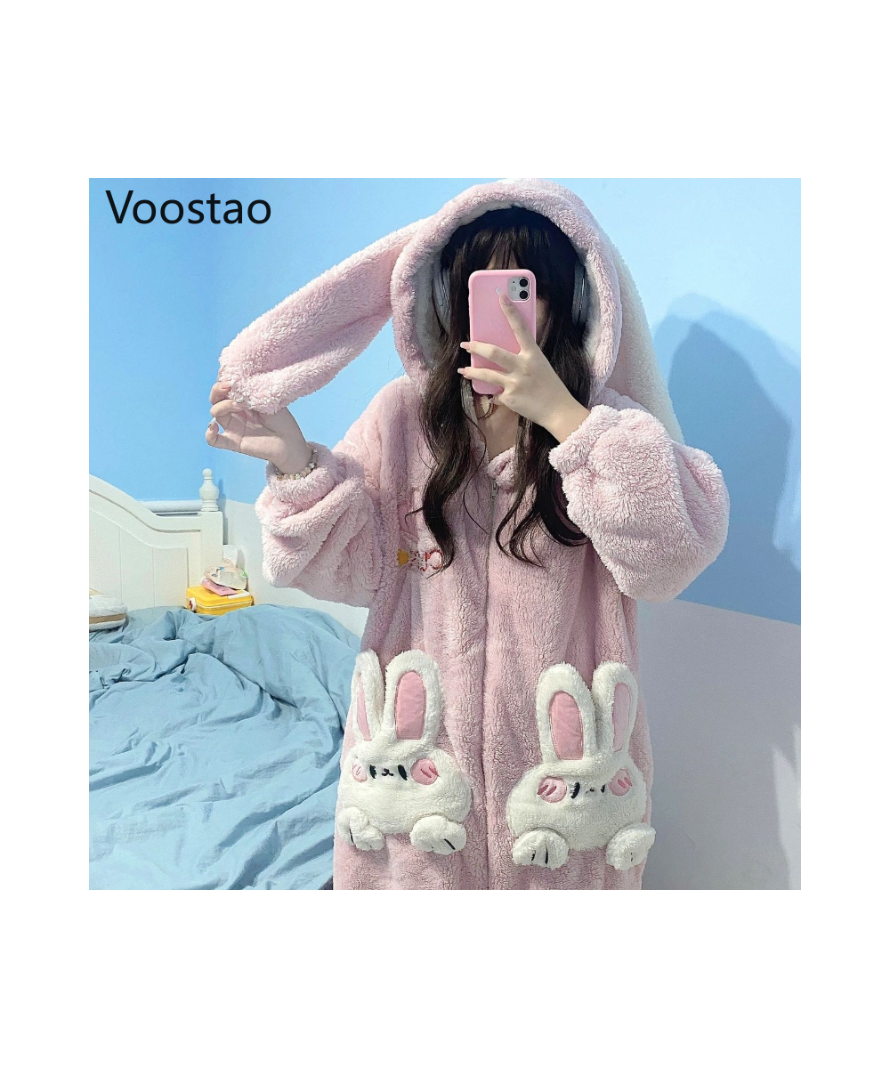 Autumn Winter Women Cute Onesies Pajamas Coral Fleece Warm Cartoon Rabbit Ears Hooded Sleepwear Girls Sweet Home Clothes $65....