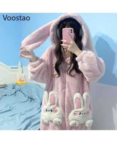 Autumn Winter Women Cute Onesies Pajamas Coral Fleece Warm Cartoon Rabbit Ears Hooded Sleepwear Girls Sweet Home Clothes $65....