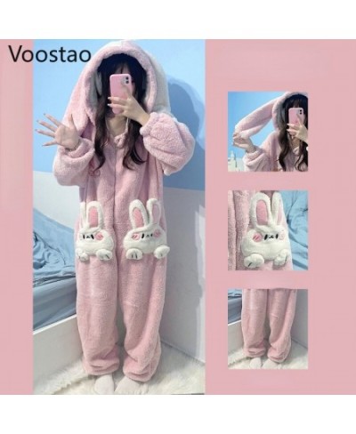 Autumn Winter Women Cute Onesies Pajamas Coral Fleece Warm Cartoon Rabbit Ears Hooded Sleepwear Girls Sweet Home Clothes $65....