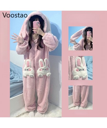 Autumn Winter Women Cute Onesies Pajamas Coral Fleece Warm Cartoon Rabbit Ears Hooded Sleepwear Girls Sweet Home Clothes $65....