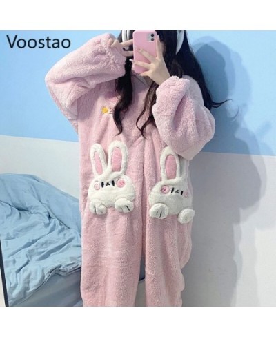 Autumn Winter Women Cute Onesies Pajamas Coral Fleece Warm Cartoon Rabbit Ears Hooded Sleepwear Girls Sweet Home Clothes $65....