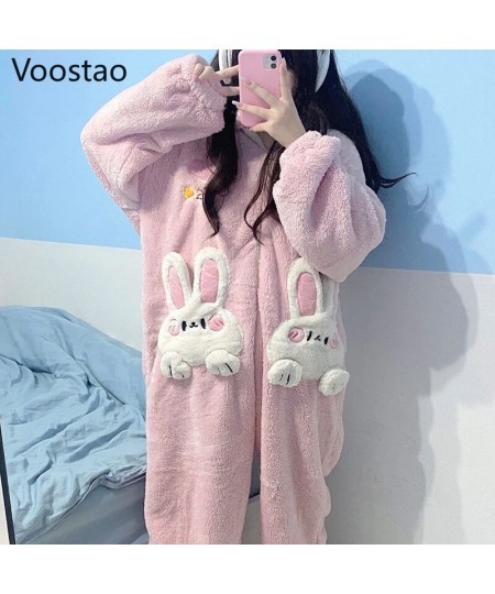 Autumn Winter Women Cute Onesies Pajamas Coral Fleece Warm Cartoon Rabbit Ears Hooded Sleepwear Girls Sweet Home Clothes $65....