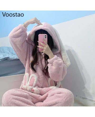 Autumn Winter Women Cute Onesies Pajamas Coral Fleece Warm Cartoon Rabbit Ears Hooded Sleepwear Girls Sweet Home Clothes $65....