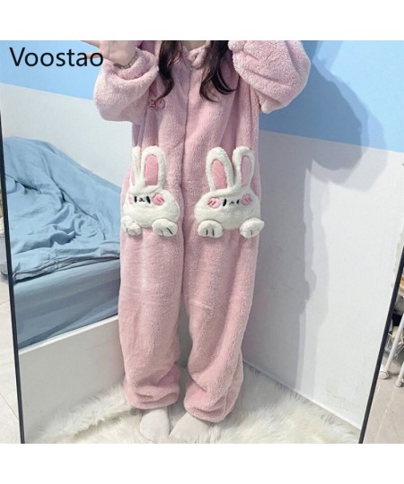 Autumn Winter Women Cute Onesies Pajamas Coral Fleece Warm Cartoon Rabbit Ears Hooded Sleepwear Girls Sweet Home Clothes $65....