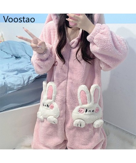 Autumn Winter Women Cute Onesies Pajamas Coral Fleece Warm Cartoon Rabbit Ears Hooded Sleepwear Girls Sweet Home Clothes $65....