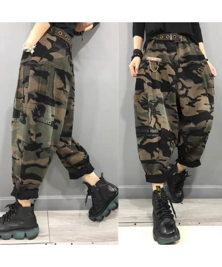 2022 Spring Autumn Women High Waist Ankle-length Loose Vintage Jeans camouflage Cotton Denim Harem Pants V926 $56.83 - Jeans