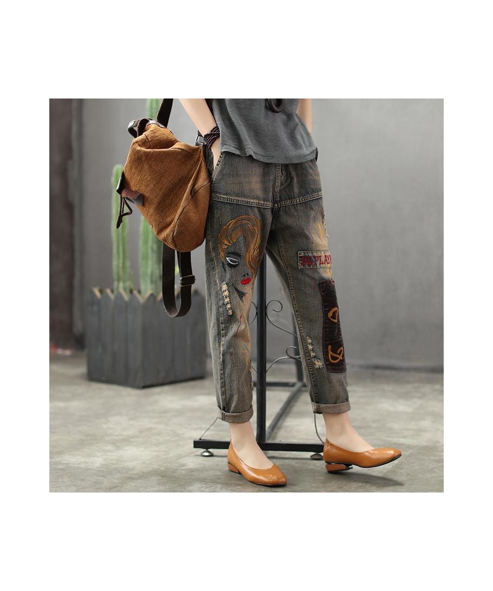 2022 autumn New Jeans Women's Elastic High Waist Embroidery Retro Distressed Loose Harlan Pants Female Denim Pants W45 $77.82...