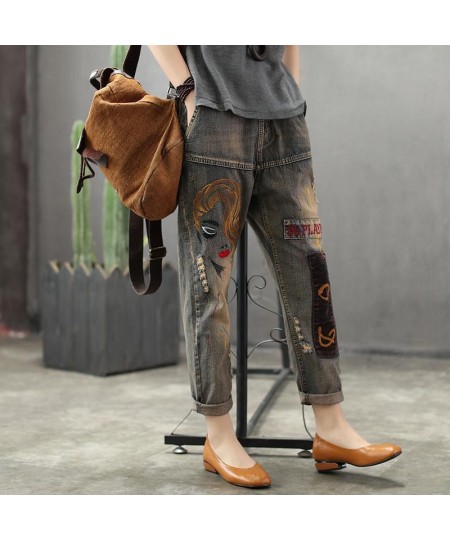 2022 autumn New Jeans Women's Elastic High Waist Embroidery Retro Distressed Loose Harlan Pants Female Denim Pants W45 $77.82...