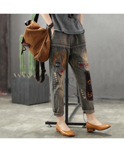 2022 autumn New Jeans Women's Elastic High Waist Embroidery Retro Distressed Loose Harlan Pants Female Denim Pants W45 $77.82...