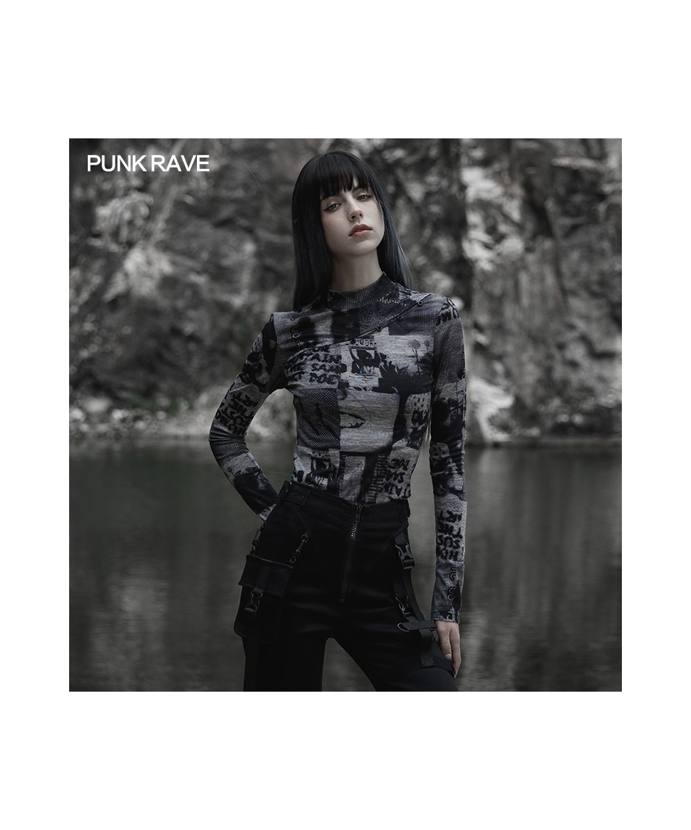 Women's Punk Daily Fit Split Small Stand Collar Digital Printing Long Sleeve T-shirt Tight Tops Spring/Autumn $63.07 - Women ...