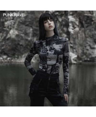 Women's Punk Daily Fit Split Small Stand Collar Digital Printing Long Sleeve T-shirt Tight Tops Spring/Autumn $63.07 - Women ...