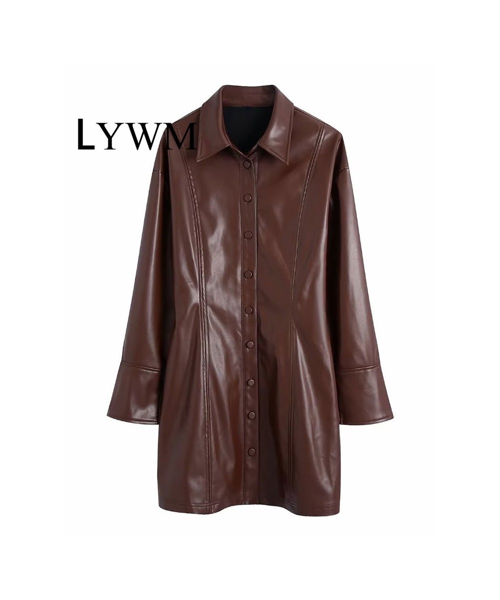 Women Fashion Brown PU Dresses Coats Vintage Lapel Neck Single Breasted Long Sleeves Female Chic Lady Long Outfits $104.01 - ...