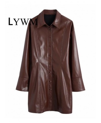 Women Fashion Brown PU Dresses Coats Vintage Lapel Neck Single Breasted Long Sleeves Female Chic Lady Long Outfits $104.01 - ...