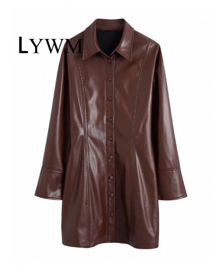 Women Fashion Brown PU Dresses Coats Vintage Lapel Neck Single Breasted Long Sleeves Female Chic Lady Long Outfits $104.01 - ...