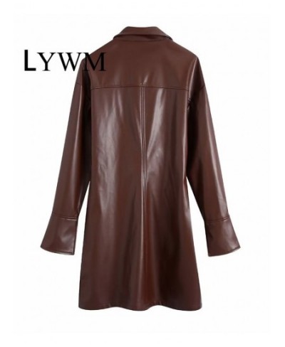 Women Fashion Brown PU Dresses Coats Vintage Lapel Neck Single Breasted Long Sleeves Female Chic Lady Long Outfits $104.01 - ...