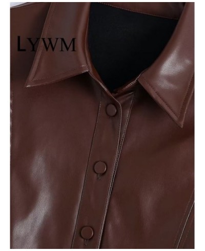 Women Fashion Brown PU Dresses Coats Vintage Lapel Neck Single Breasted Long Sleeves Female Chic Lady Long Outfits $104.01 - ...