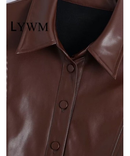 Women Fashion Brown PU Dresses Coats Vintage Lapel Neck Single Breasted Long Sleeves Female Chic Lady Long Outfits $104.01 - ...