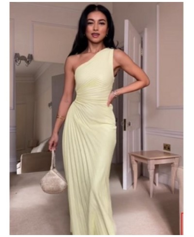 Elegant One Shoulder Pleated Diagonal Collar Maxi Dresses Women Backless Sleeveless Irregular Dress Ladies Chic Evening $39.5...