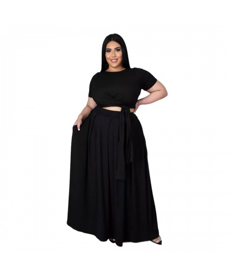 Meren Verado Plus Size Pleated Maxi Skirts Set For Women Classic Two Piece Outfits Basic Streetwear Bandage T-shirts $52.31 -...