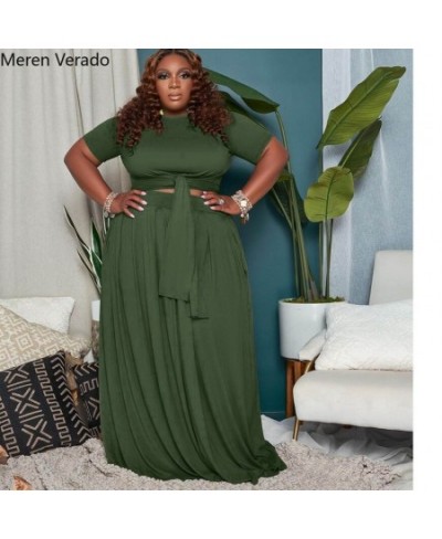 Meren Verado Plus Size Pleated Maxi Skirts Set For Women Classic Two Piece Outfits Basic Streetwear Bandage T-shirts $52.31 -...