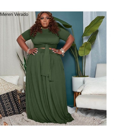 Meren Verado Plus Size Pleated Maxi Skirts Set For Women Classic Two Piece Outfits Basic Streetwear Bandage T-shirts $52.31 -...