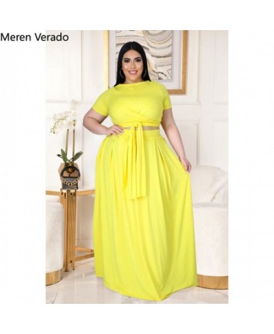 Meren Verado Plus Size Pleated Maxi Skirts Set For Women Classic Two Piece Outfits Basic Streetwear Bandage T-shirts $52.31 -...