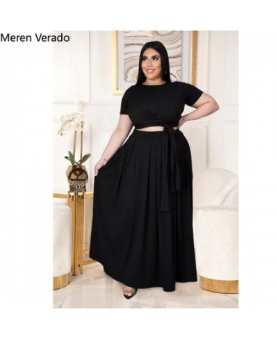 Meren Verado Plus Size Pleated Maxi Skirts Set For Women Classic Two Piece Outfits Basic Streetwear Bandage T-shirts $52.31 -...