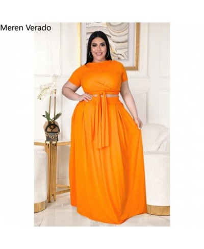 Meren Verado Plus Size Pleated Maxi Skirts Set For Women Classic Two Piece Outfits Basic Streetwear Bandage T-shirts $52.31 -...