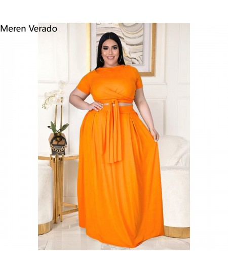 Meren Verado Plus Size Pleated Maxi Skirts Set For Women Classic Two Piece Outfits Basic Streetwear Bandage T-shirts $52.31 -...