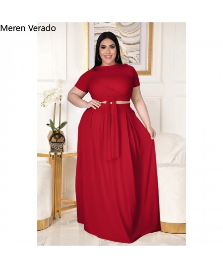 Meren Verado Plus Size Pleated Maxi Skirts Set For Women Classic Two Piece Outfits Basic Streetwear Bandage T-shirts $52.31 -...