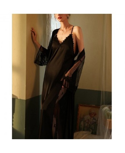 Autumn and Spring Women Sexy Mesh Nightgown Extra Long Bathrobe Pajamas Elegant Women's Long Sleeved Ladies Satin Homewear $5...