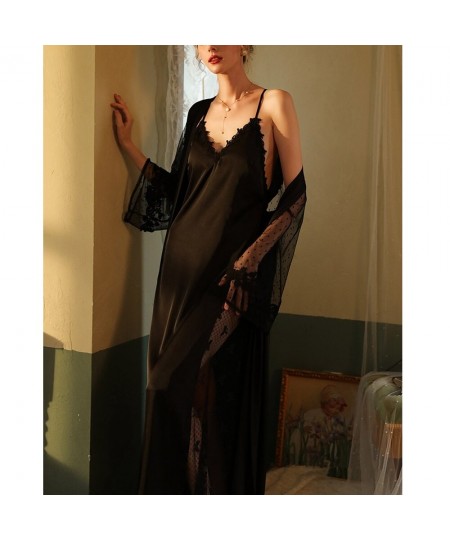 Autumn and Spring Women Sexy Mesh Nightgown Extra Long Bathrobe Pajamas Elegant Women's Long Sleeved Ladies Satin Homewear $5...