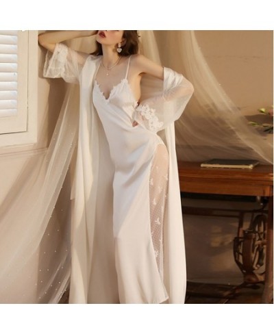 Autumn and Spring Women Sexy Mesh Nightgown Extra Long Bathrobe Pajamas Elegant Women's Long Sleeved Ladies Satin Homewear $5...