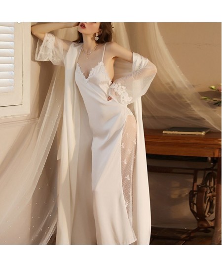 Autumn and Spring Women Sexy Mesh Nightgown Extra Long Bathrobe Pajamas Elegant Women's Long Sleeved Ladies Satin Homewear $5...