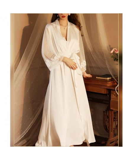 Autumn and Spring Women Sexy Mesh Nightgown Extra Long Bathrobe Pajamas Elegant Women's Long Sleeved Ladies Satin Homewear $5...