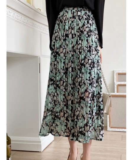 Spring Summer High Waist Floral Pleated Skirts Women's Mid-length Large Swing Casual Skirt QT1681 $32.78 - Skirts