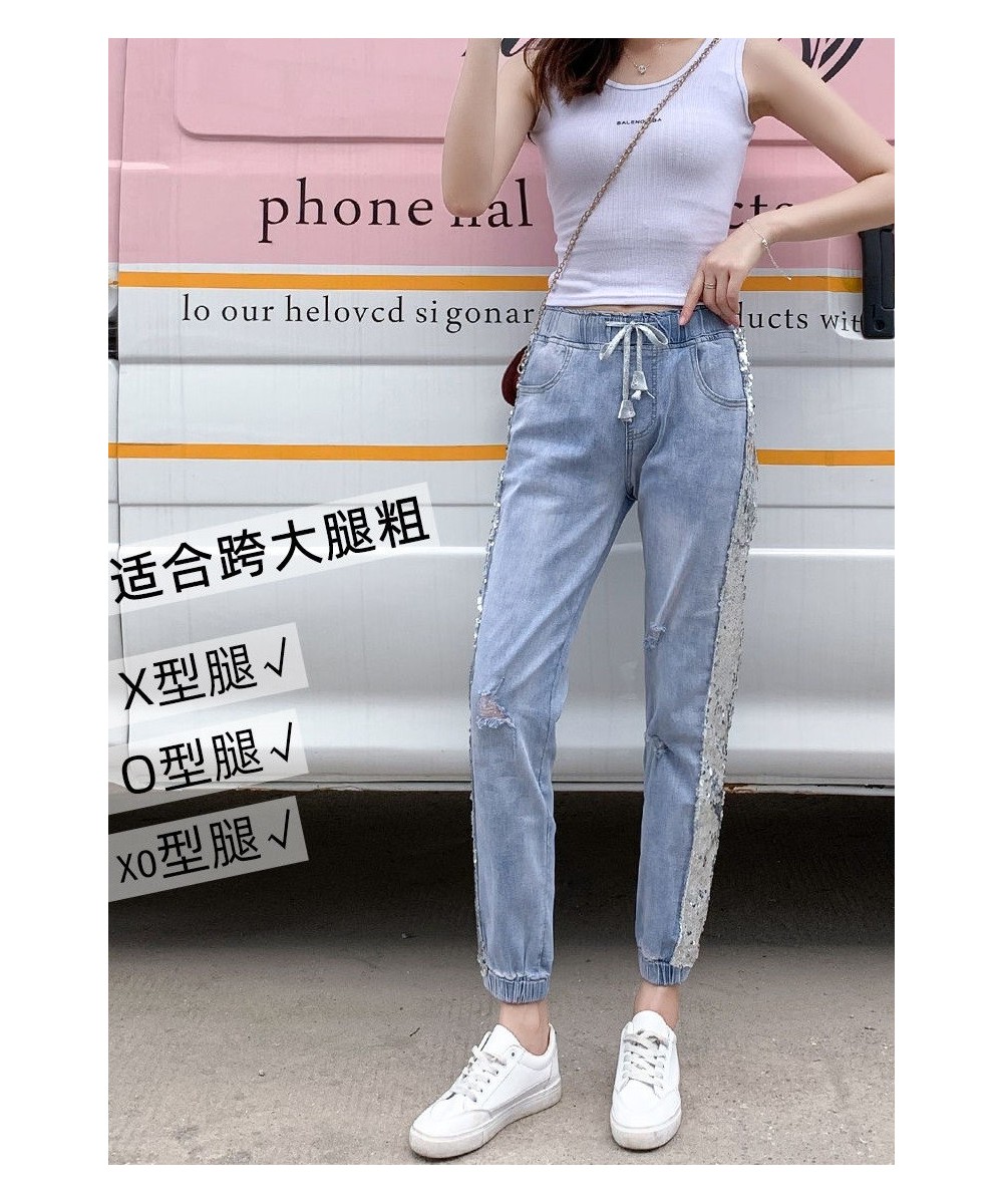 Fashion Korean Version Hole Sequins Harlan Women's Jeans Thin 2022 Summer New Female High Waist Loose Bind Feet Ninth Pants $...