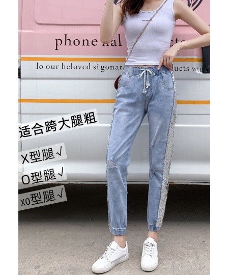 Fashion Korean Version Hole Sequins Harlan Women's Jeans Thin 2022 Summer New Female High Waist Loose Bind Feet Ninth Pants $...