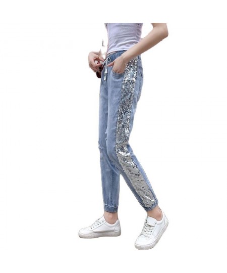 Fashion Korean Version Hole Sequins Harlan Women's Jeans Thin 2022 Summer New Female High Waist Loose Bind Feet Ninth Pants $...